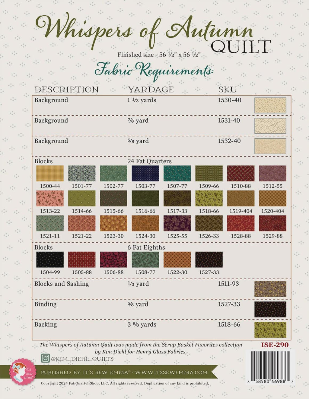 Kim Diehl - Whispers of Autumn quilt - Quilt pattern ISE 290 chart - NEW - 56.5" square - scrappy Primitive - beginner
