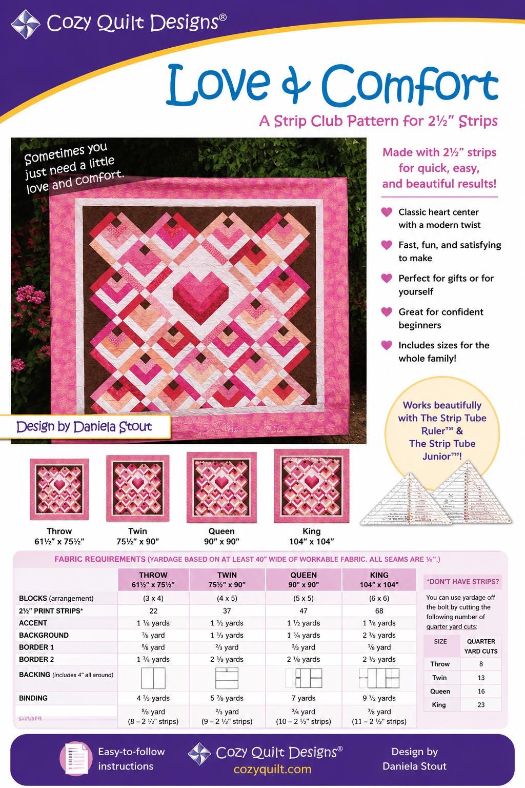 Cozy Quilt Designs - Love & Comfort Quilt Pattern - jelly roll friendly in 4 sizes - Beginner