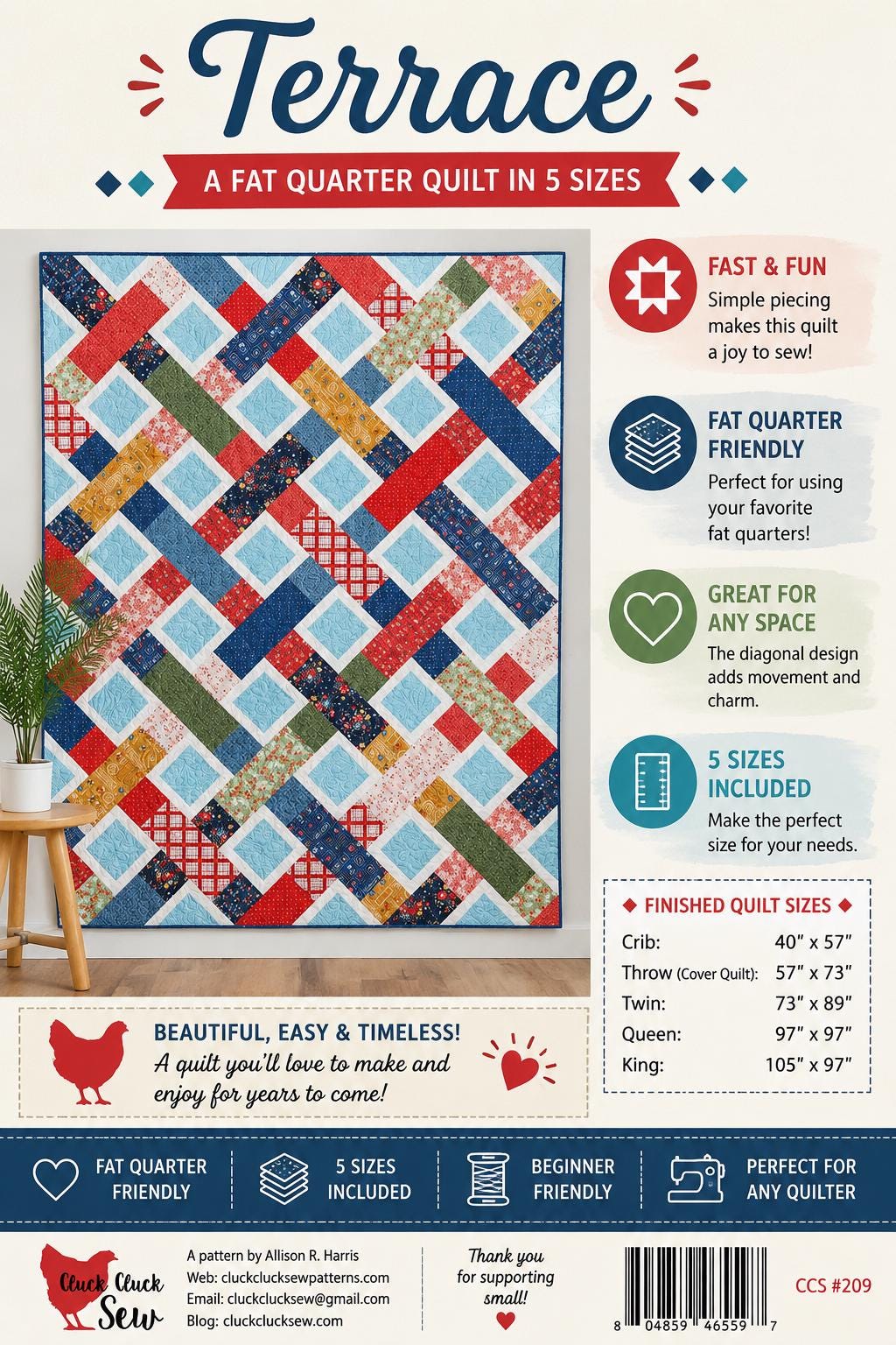 Cluck Cluck Sew - Terrace Quilt Pattern - Fat Quarter friendly in 5 sizes