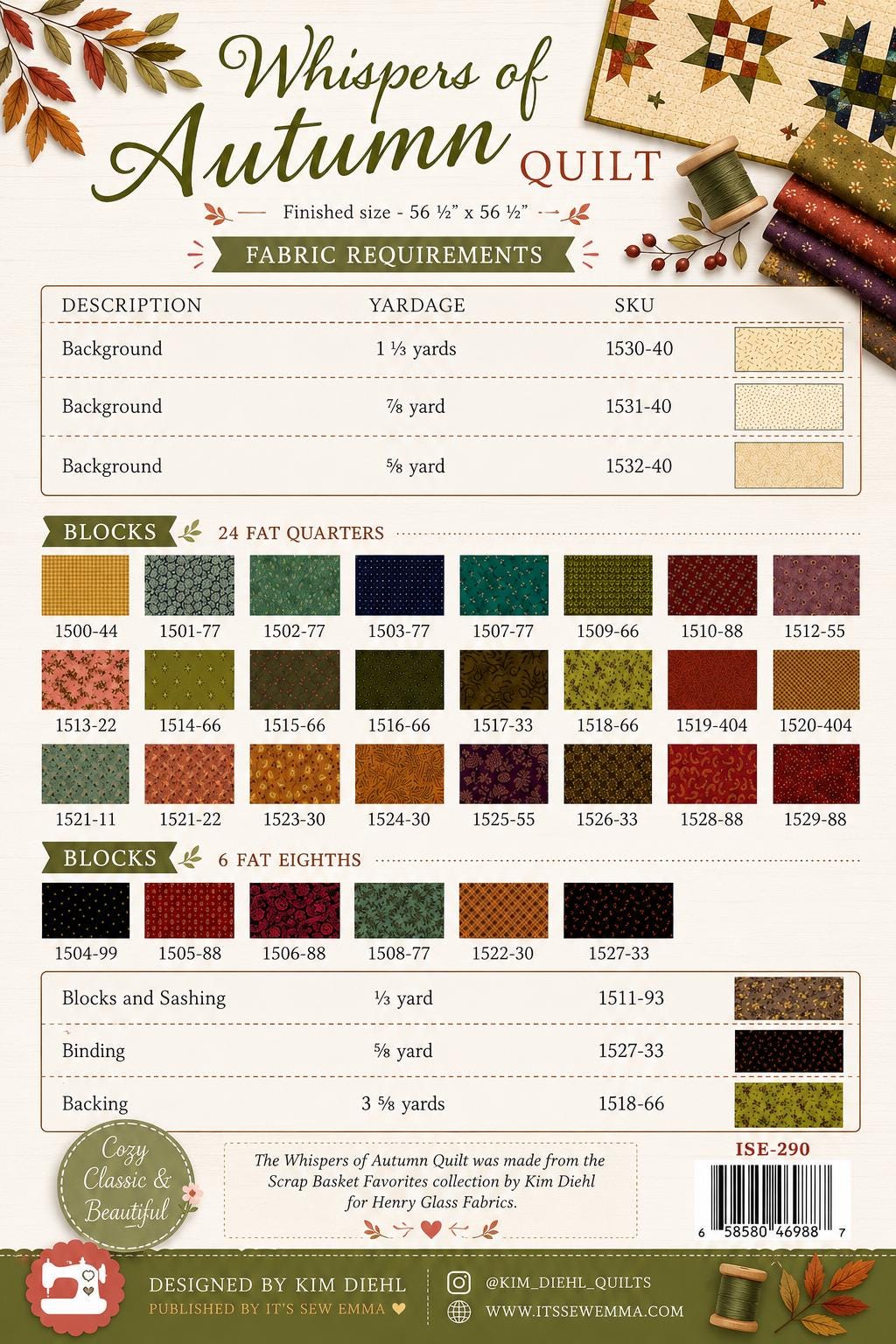 Kim Diehl - Whispers of Autumn quilt - Quilt pattern ISE 290 chart - NEW - 56.5" square - scrappy Primitive - beginner