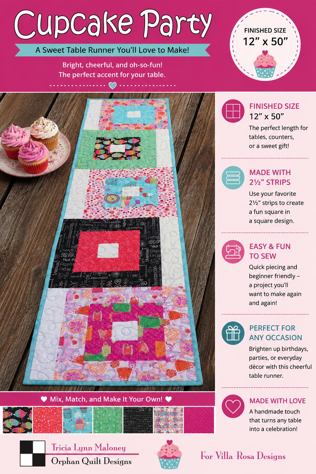 Cupcake Party Quilt Pattern - Fun Colorful Table Runner Quilt - Villa Rosa Designs - easy beginner