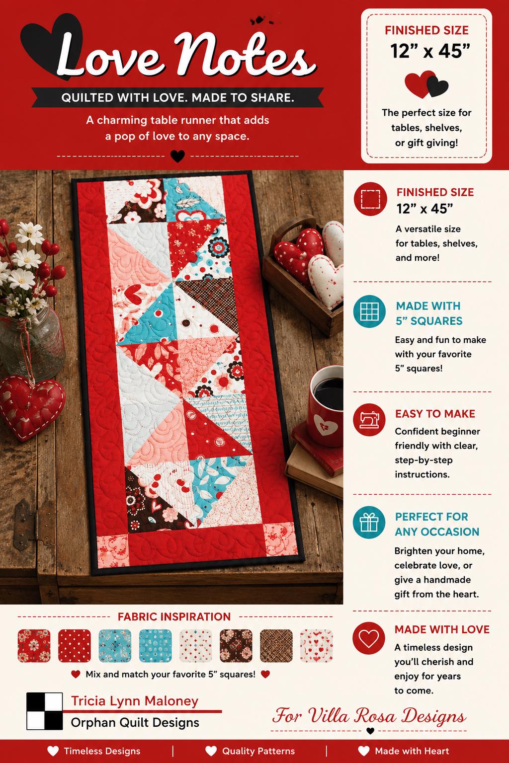 Love Notes Quilt Pattern - Valentines Day Table Runner Quilt - Villa Rosa Designs