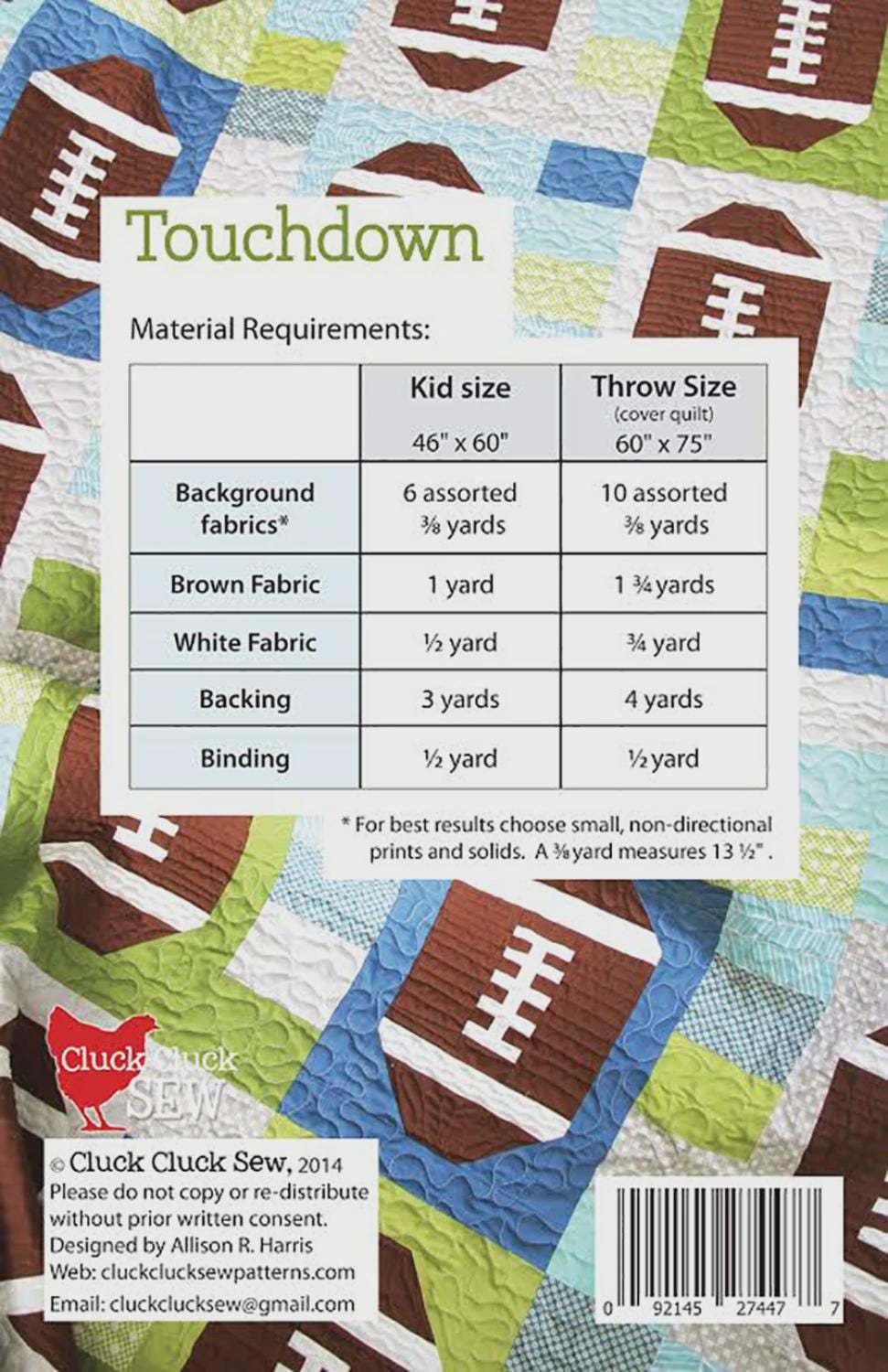 Cluck Cluck Sew - Touchdown Quilt Pattern - Football - in 3 sizes - Sport