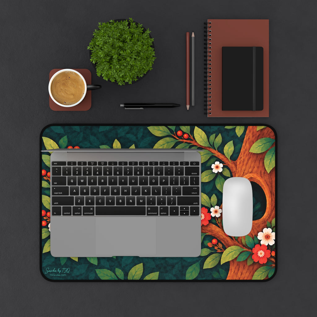 Whimsical owl desk mat with blossom branch artwork by Sascha by TSQ — view 4