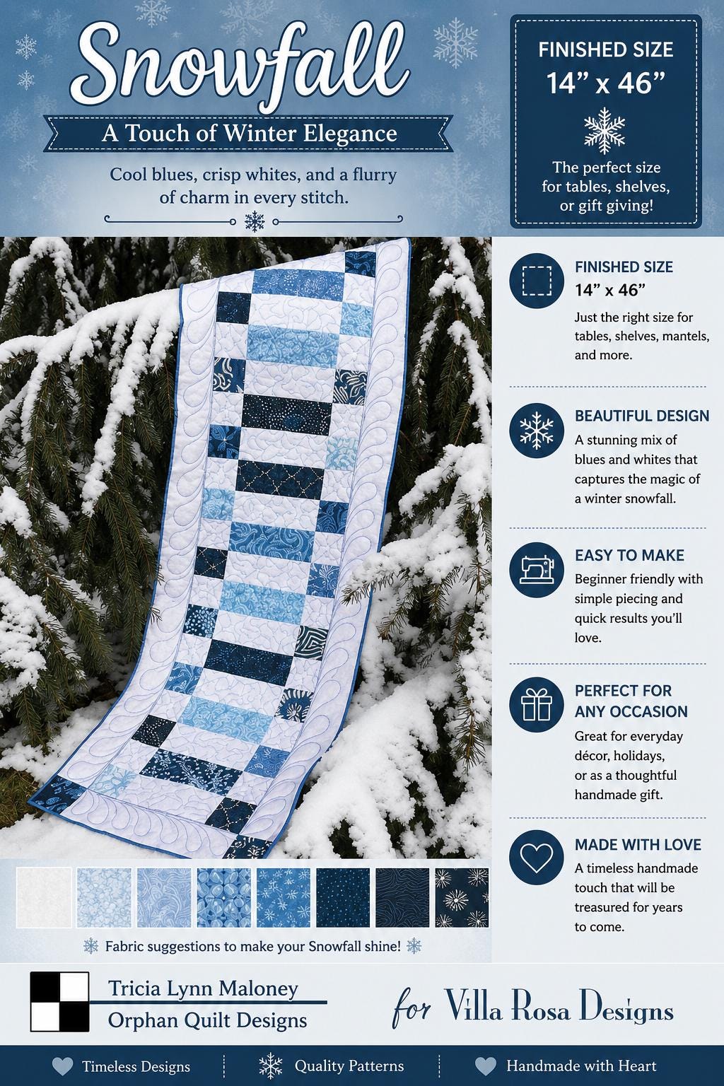 Snowfall Quilt Pattern - Winter Blue Table Runner Quilt - Villa Rosa Designs - easy beginner
