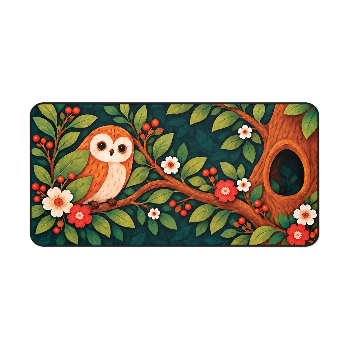 Whimsical owl desk mat with blossom branch artwork by Sascha by TSQ — view 2