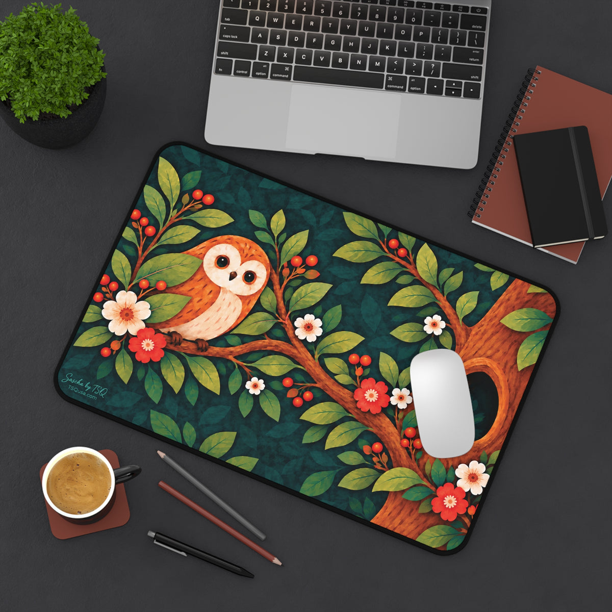 Whimsical owl desk mat with blossom branch artwork by Sascha by TSQ — view 5