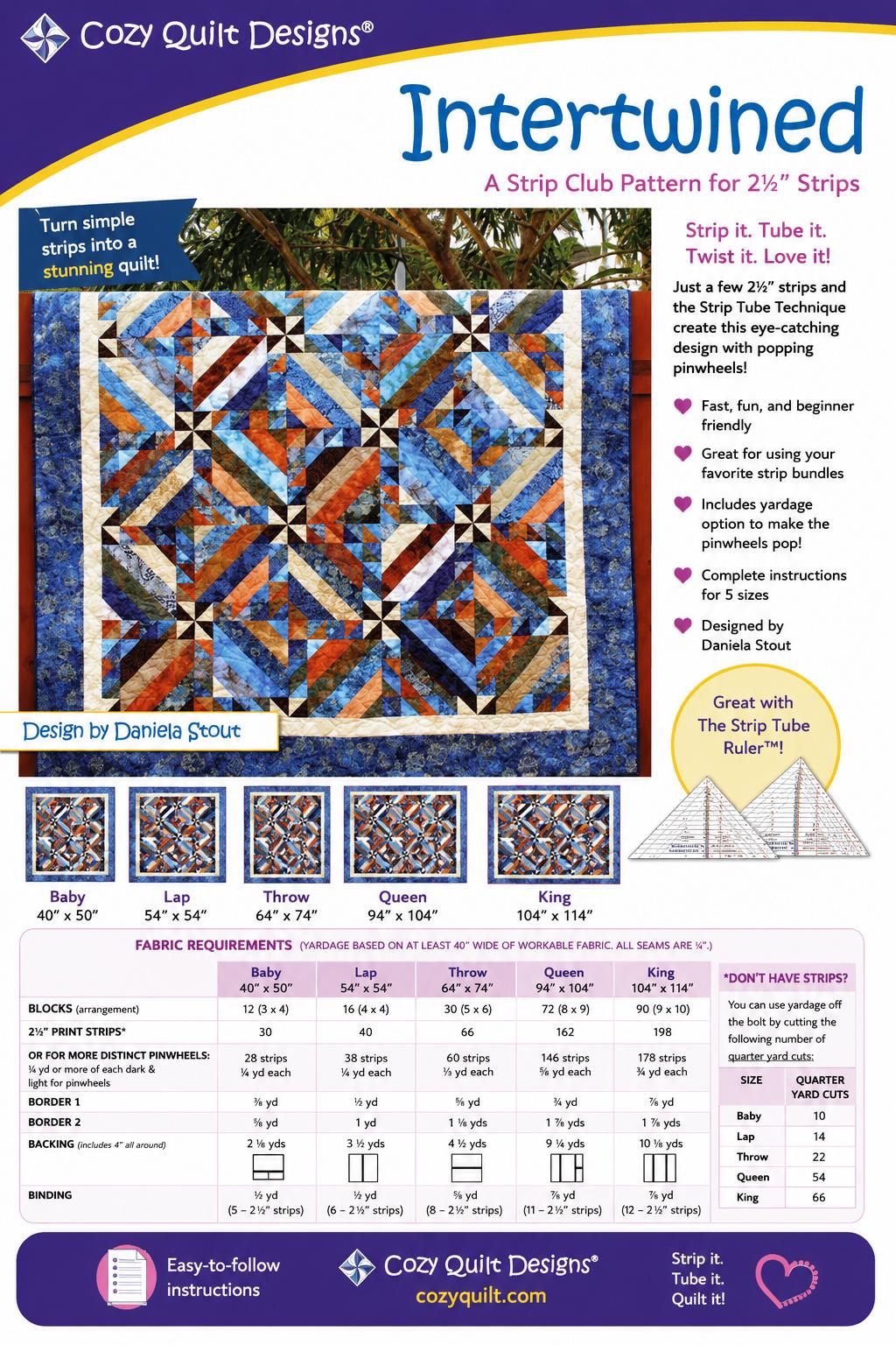 Cozy Quilt Designs - Intertwined Quilt Pattern - jelly roll friendly in 4 sizes - Beginner