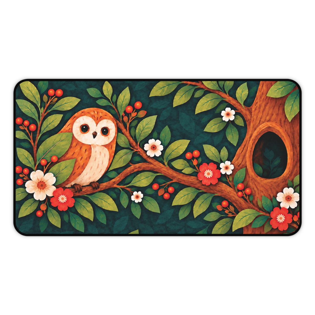 Whimsical owl desk mat with blossom branch artwork by Sascha by TSQ — view 3