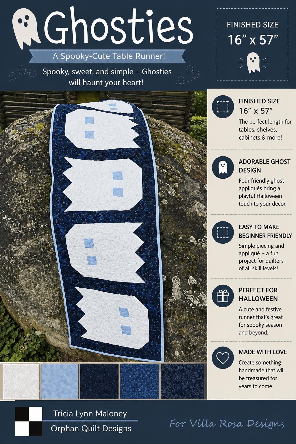 Ghosties Quilt Pattern – Halloween Table Runner, Easy Beginner Sewing Project