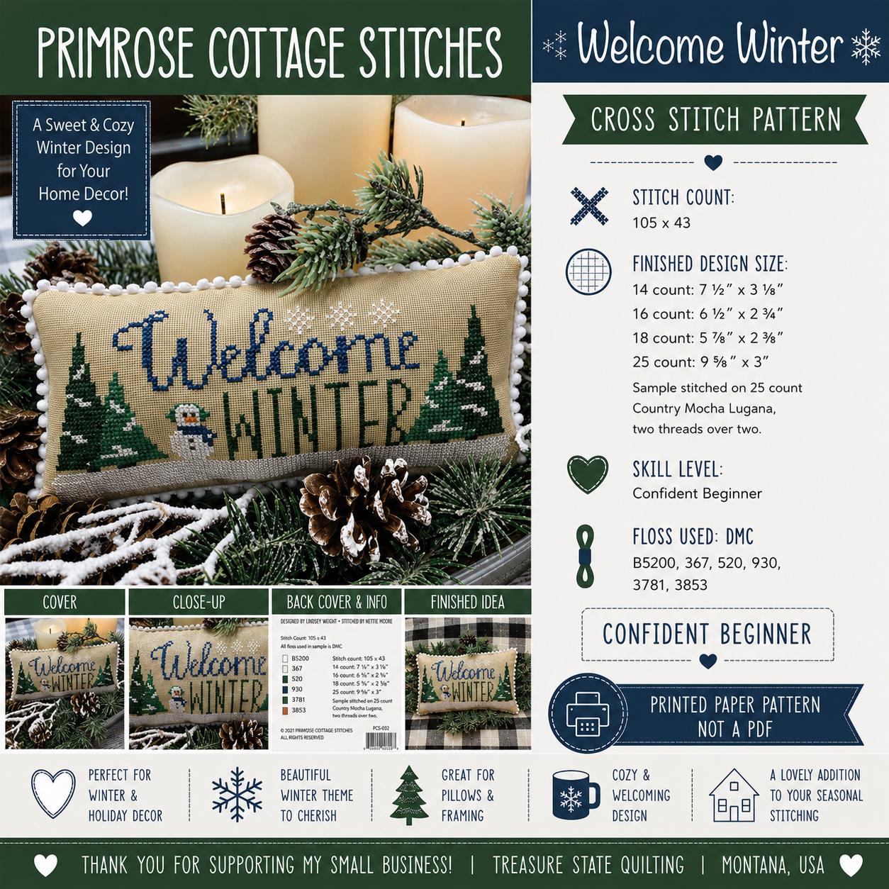 Welcome Winter Cross Stitch Pattern | Primrose Cottage Stitches | Printed Paper Chart | Winter Sampler | Confident Beginner