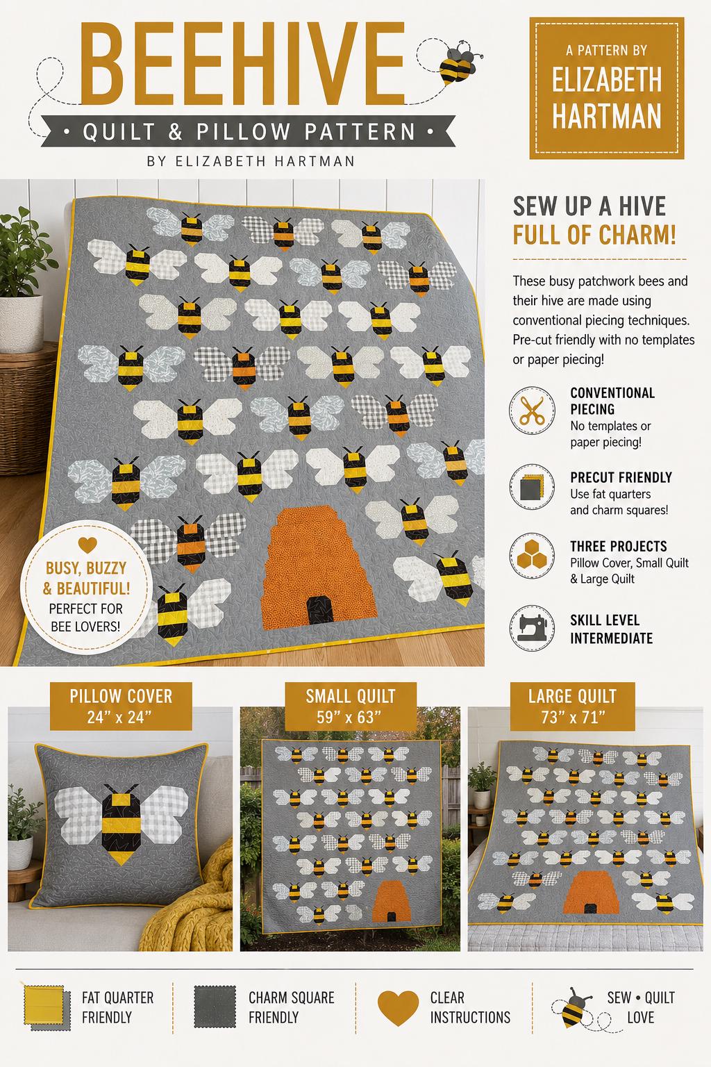 Elizabeth Hartman - Beehive quilt - Quilt pattern EH 044 chart - 3 sizes - Modern - beehive - bees - bee