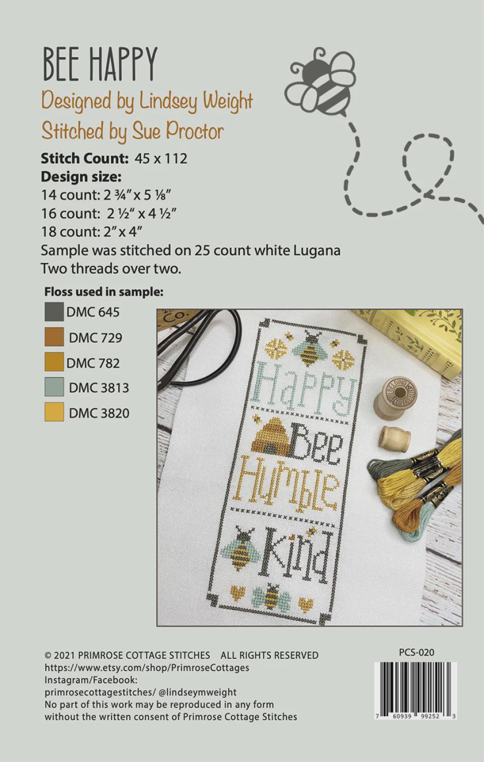 Bee Happy Cross Stitch Pattern | Primrose Cottage Stitches | Printed Paper Chart | Bee Sampler | Beginner Cross Stitch Pattern