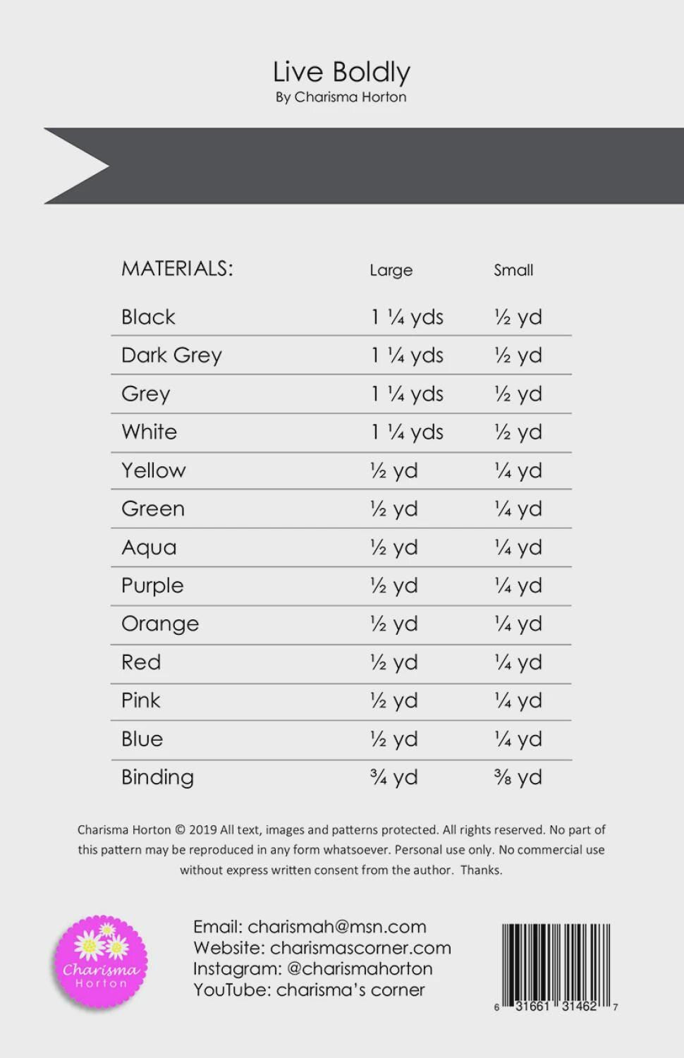 Charisma Horton - Live boldly quilt - Quilt pattern CH 175 chart - 3 sizes - Modern