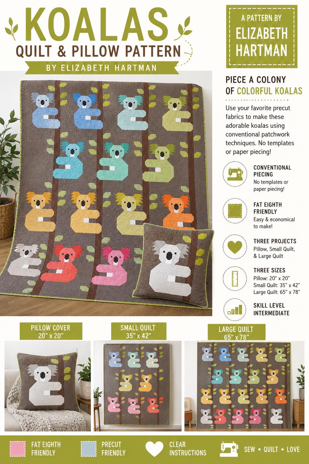 Elizabeth Hartman Koalas Quilt Pattern – Modern Animal Patchwork Pillow Cover Sizes