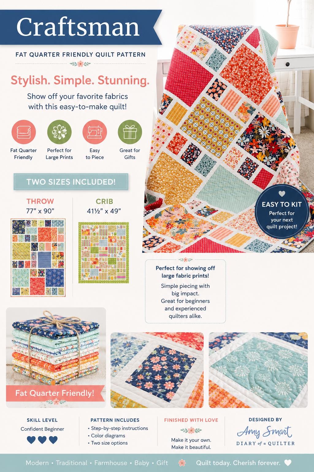 Diary of a quilter - Amy Smart - Craftsman Quilt Pattern – Beginner friendly - throw and crib size