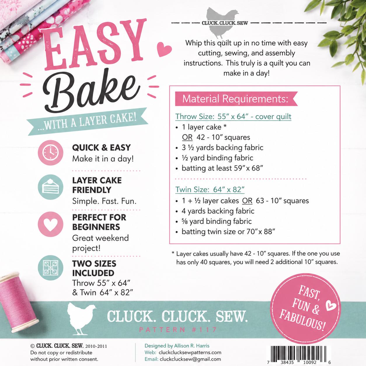 Cluck Cluck Sew - Easy Bake Quilt Pattern - Layer cake friendly in 2 sizes - Beginner