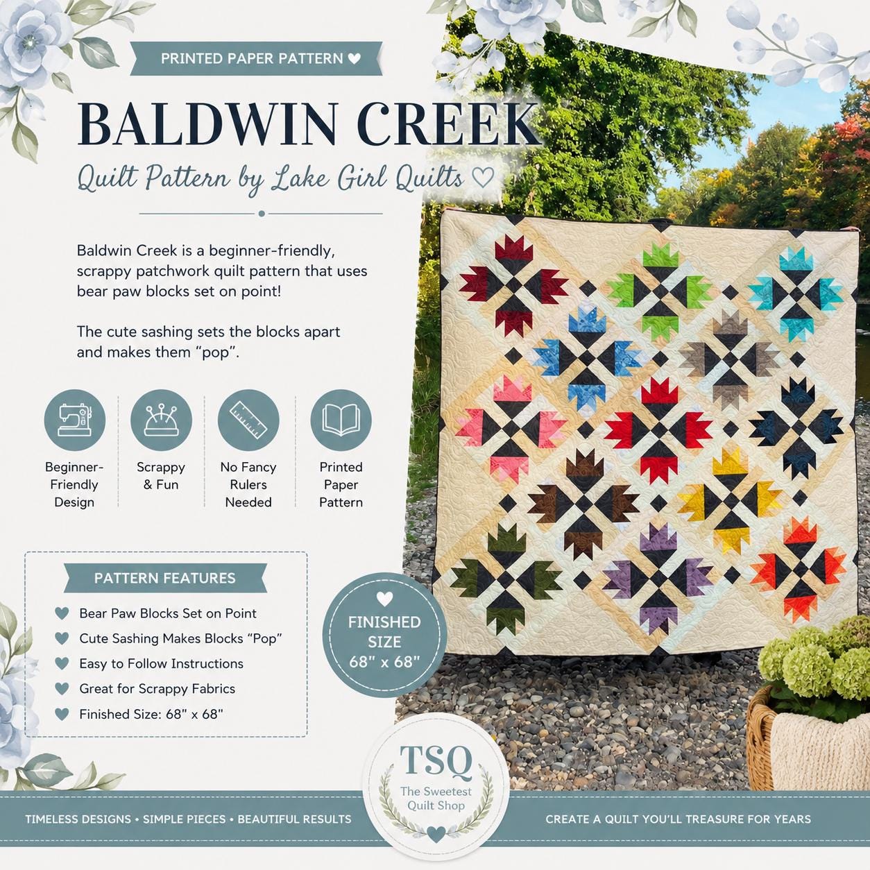 Baldwin Creek Quilt Pattern – Beginner Scrappy Modern Patchwork (68" x 68")