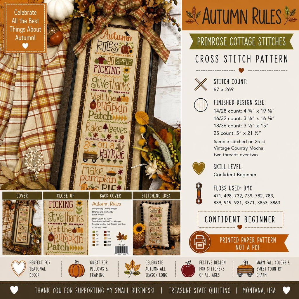 Autumn Rules Cross Stitch Pattern | Primrose Cottage Stitches | Printed Paper Chart | Fall Sampler | Confident Beginner