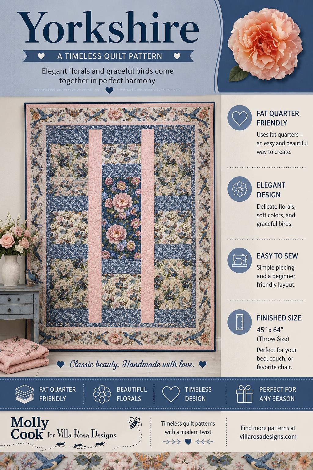 Yorkshire Quilt Pattern - Traditional Patchwork Lap Quilt - Villa Rosa Designs - easy beginner