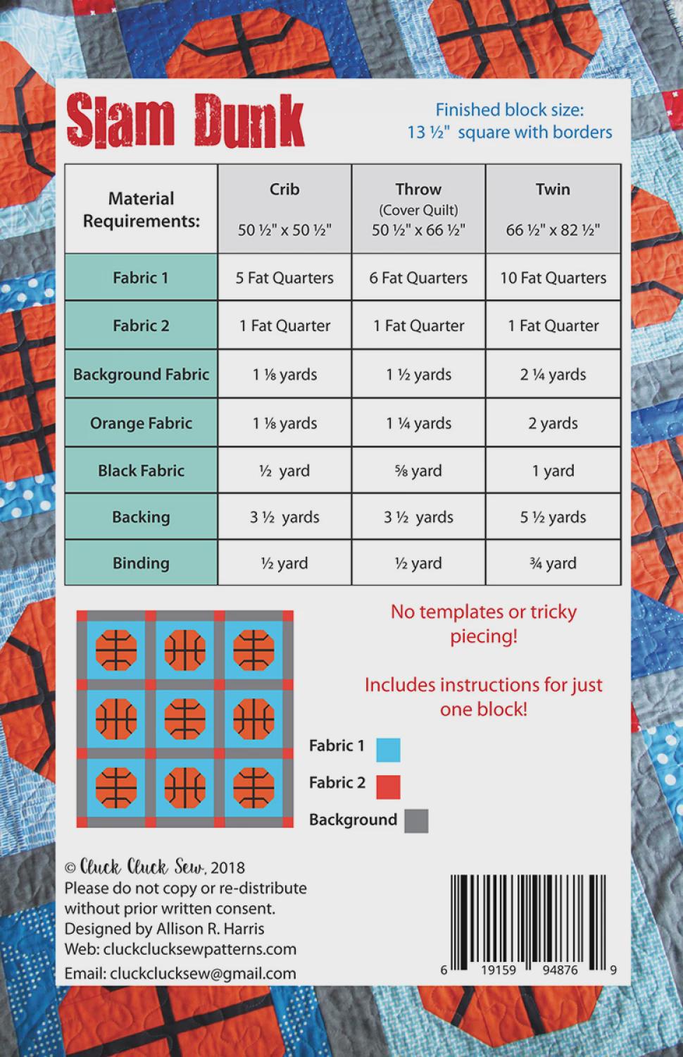 Cluck Cluck Sew - Slam Dunk Quilt Pattern - Basket ball - in 3 sizes
