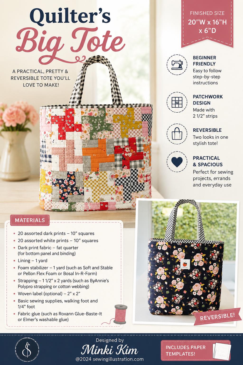 Quilters Big Tote Quilt Pattern - Minki Kim - Beginner - Fat Quarter Scrappy friendly