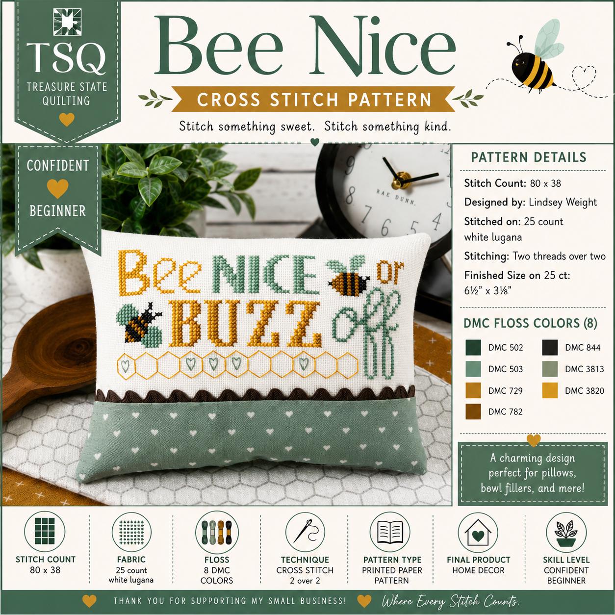 Bee Nice Cross Stitch Pattern | Printed Paper Pattern | Primrose Cottage Stitches | Bee Sampler | Farmhouse Decor | Beginner