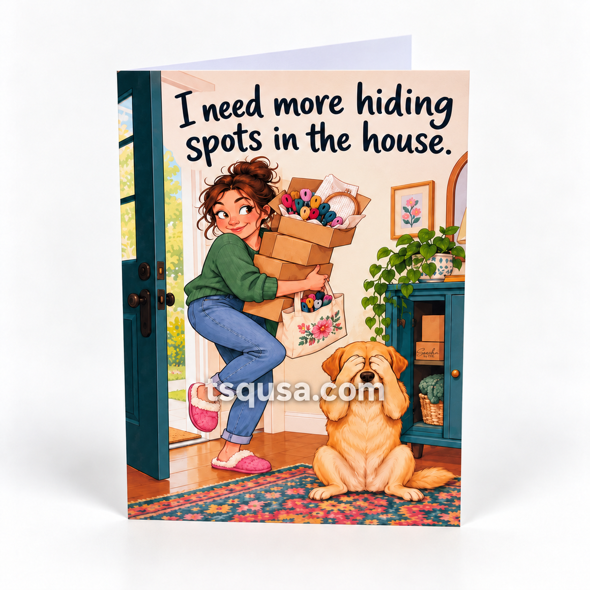 Set of 5 funny illustrated greeting cards standing on a white background, all designs by Sascha by TSQ — view 4