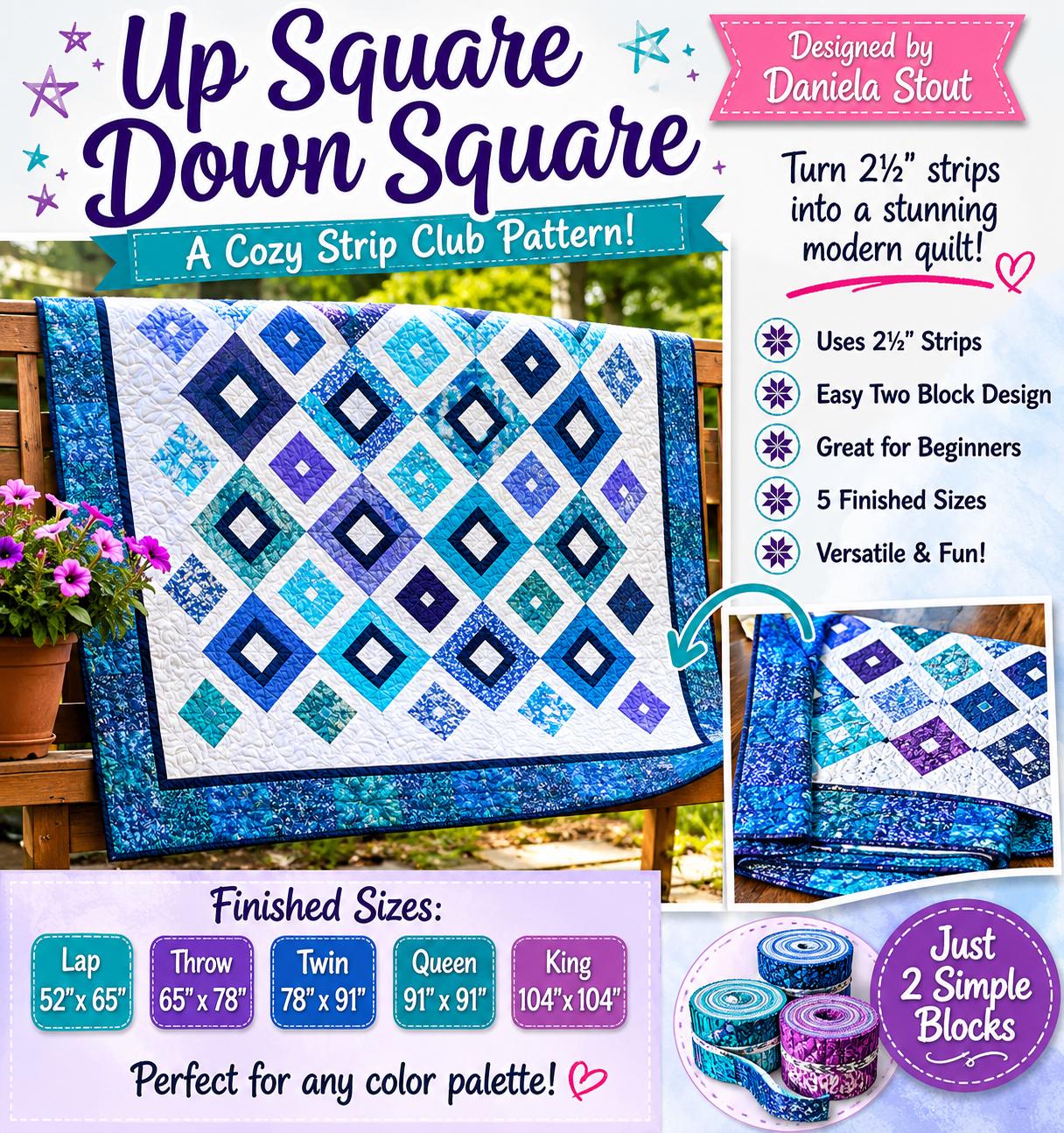 Up Square Down Square Quilt Pattern – Strip Club Design, 5 Sizes