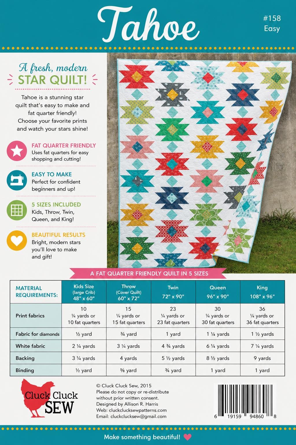 Cluck Cluck Sew -Tahoe Quilt Pattern - Fat Quarter friendly in 5 sizes