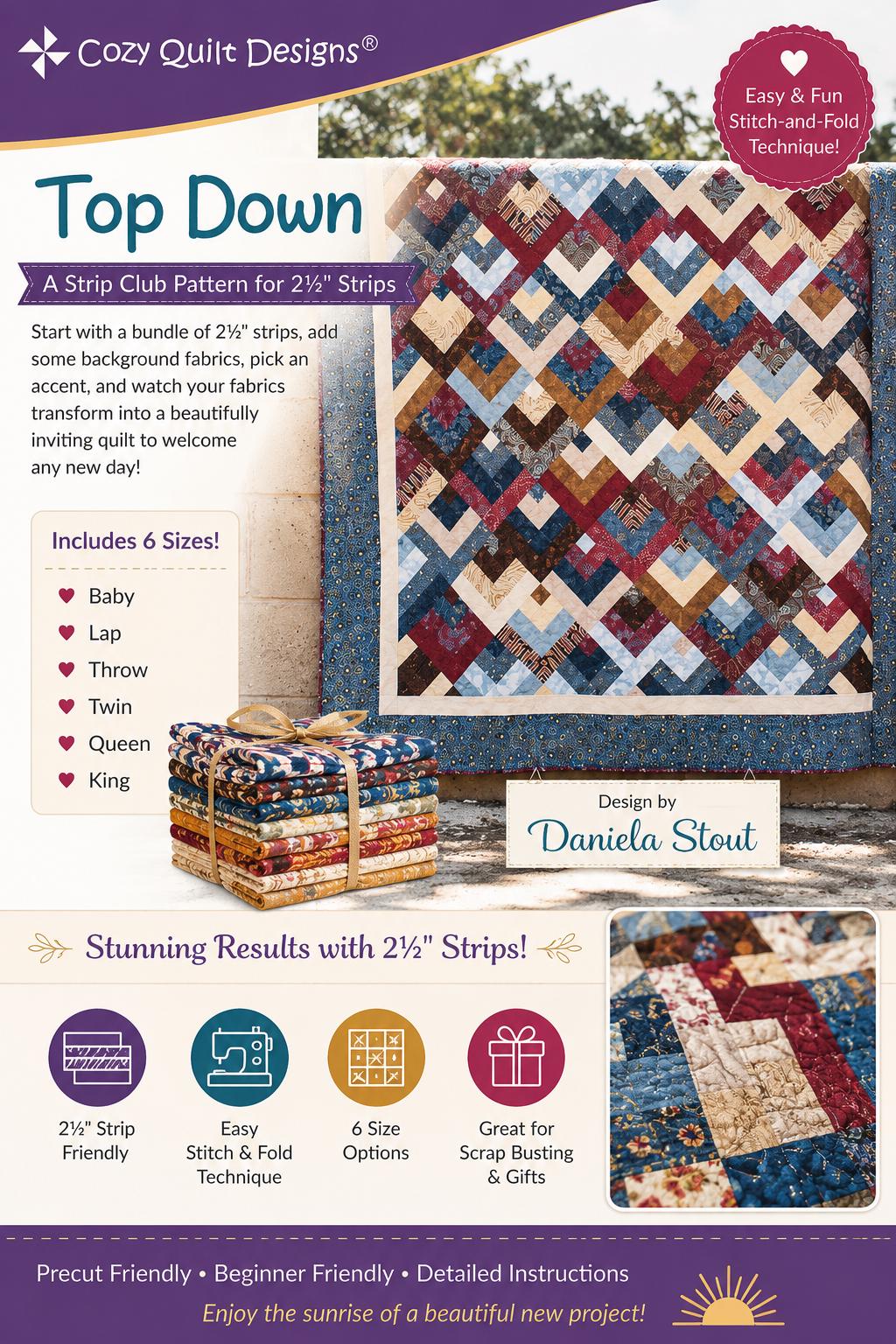 Cozy Quilt Designs - Daybreak Quilt Pattern - jelly roll friendly in 5 sizes - Beginner