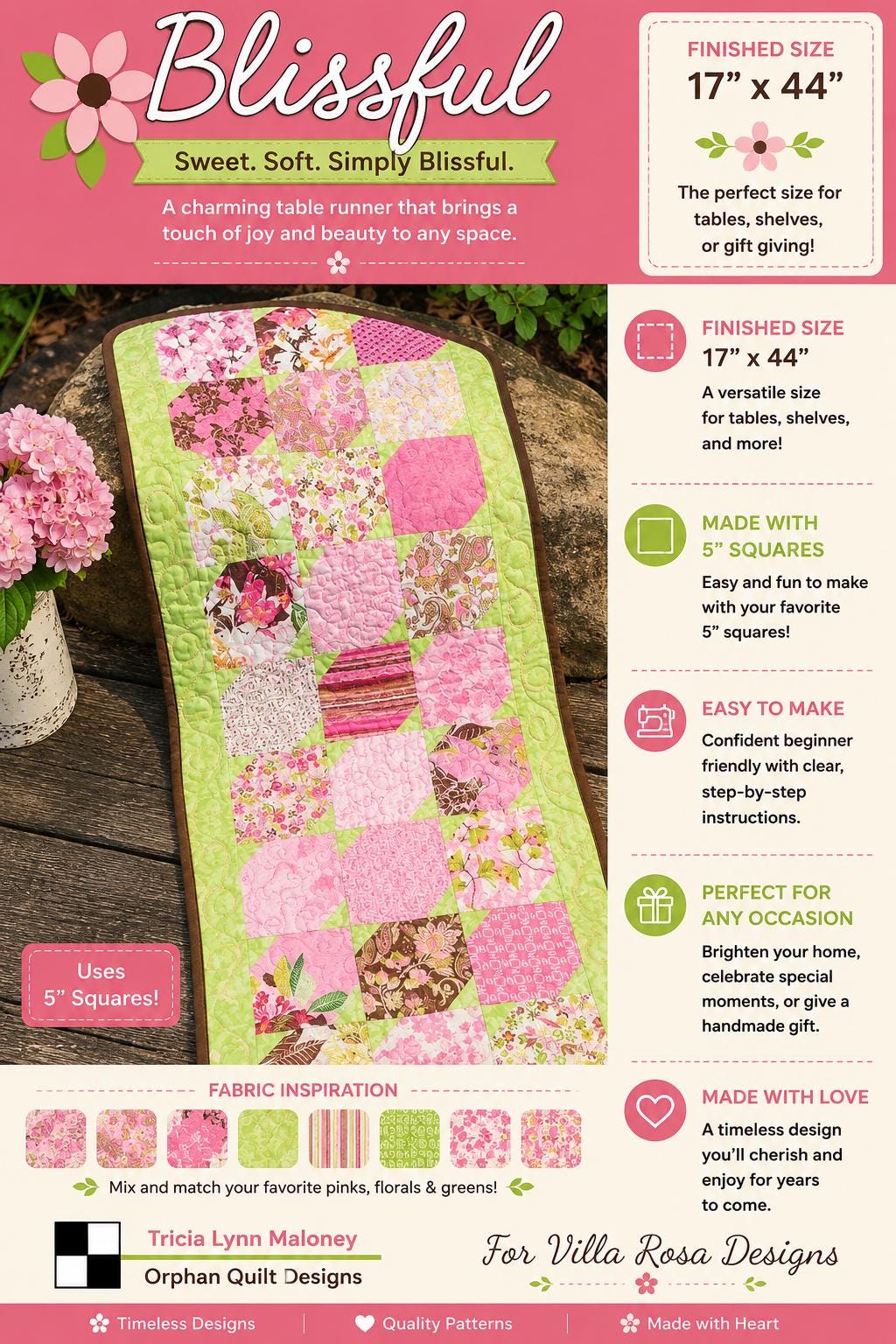 Blissful Quilt Pattern - Spring Floral Table Runner Quilt - Villa Rosa Designs