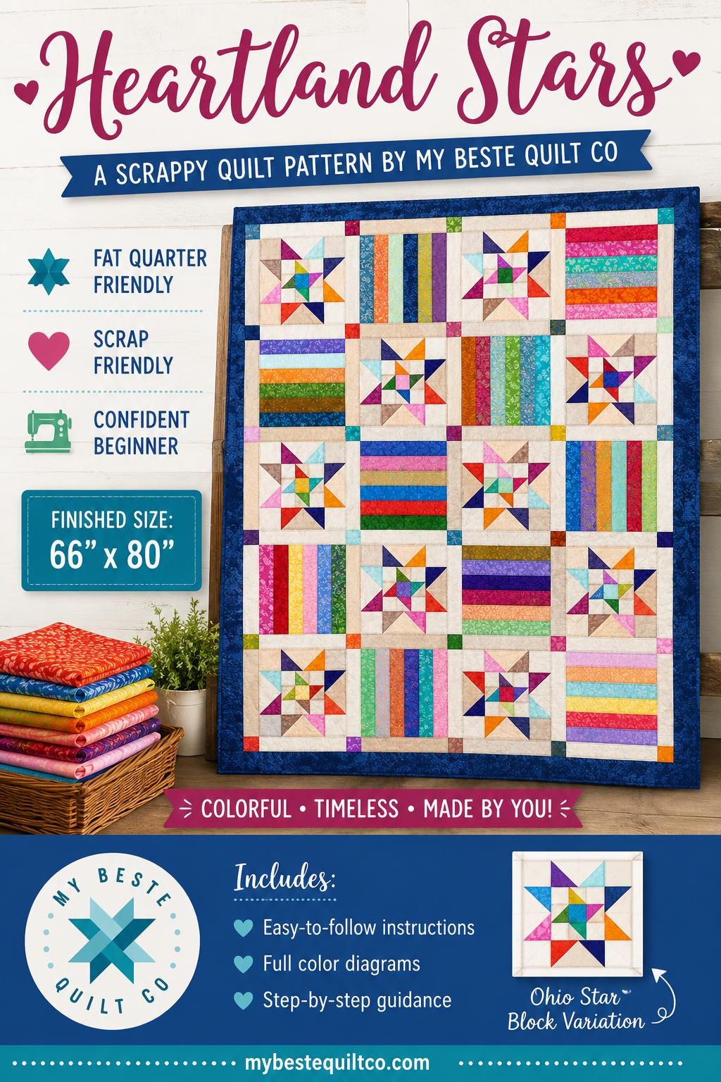 Heartland Stars Quilt Pattern - My Beste Quilt Co - Easy - Beginner - Precut and scrappy friendly