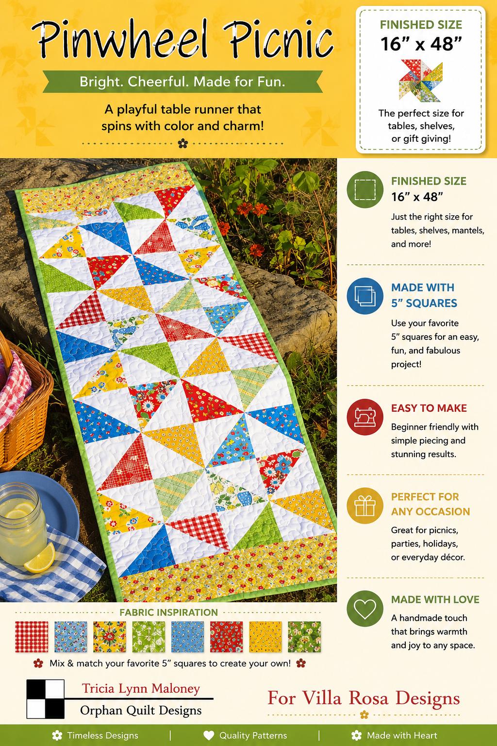 Pinwheel Picnic Quilt Pattern - Colorful Table Runner Quilt - Villa Rosa Designs - easy beginner