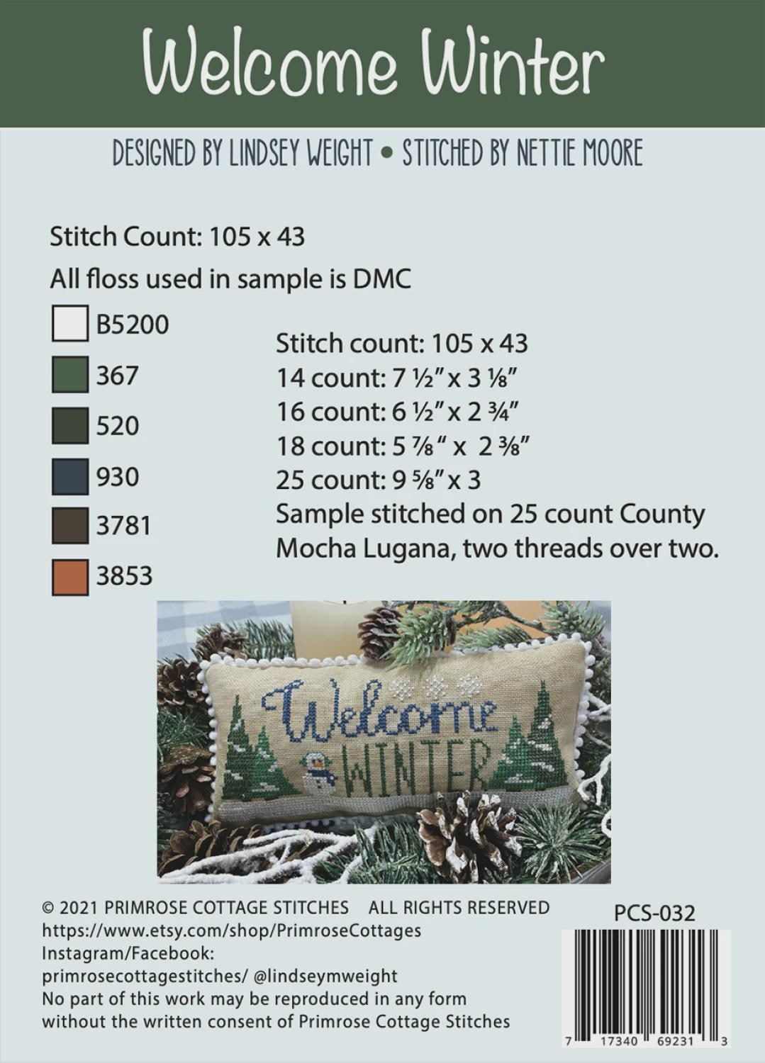Welcome Winter Cross Stitch Pattern | Primrose Cottage Stitches | Printed Paper Chart | Winter Sampler | Confident Beginner