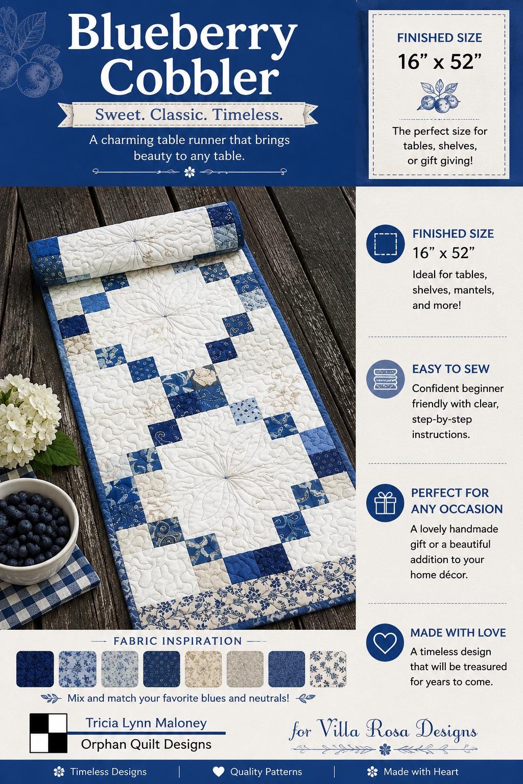 Blueberry Cobbler Quilt Pattern - Farmhouse Modern Table Runner Quilt - Villa Rosa Designs - easy beginner