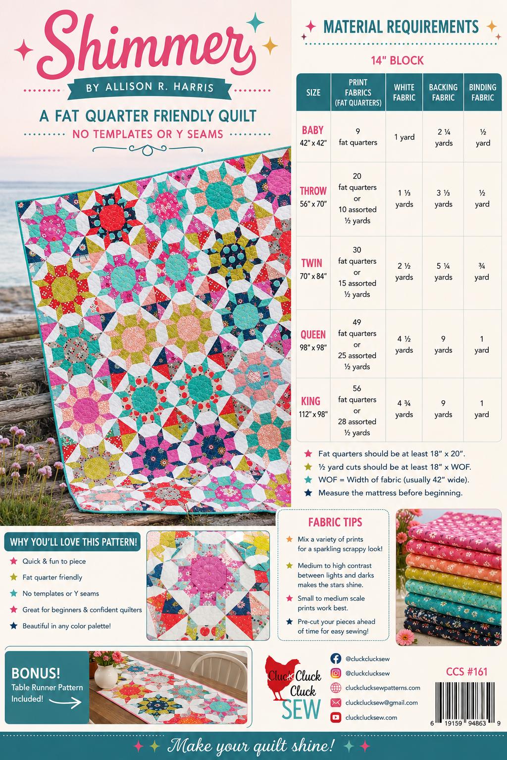 Cluck Cluck Sew - Shimmer Quilt Pattern - Fat Quarter friendly - in 5 sizes - Modern - star