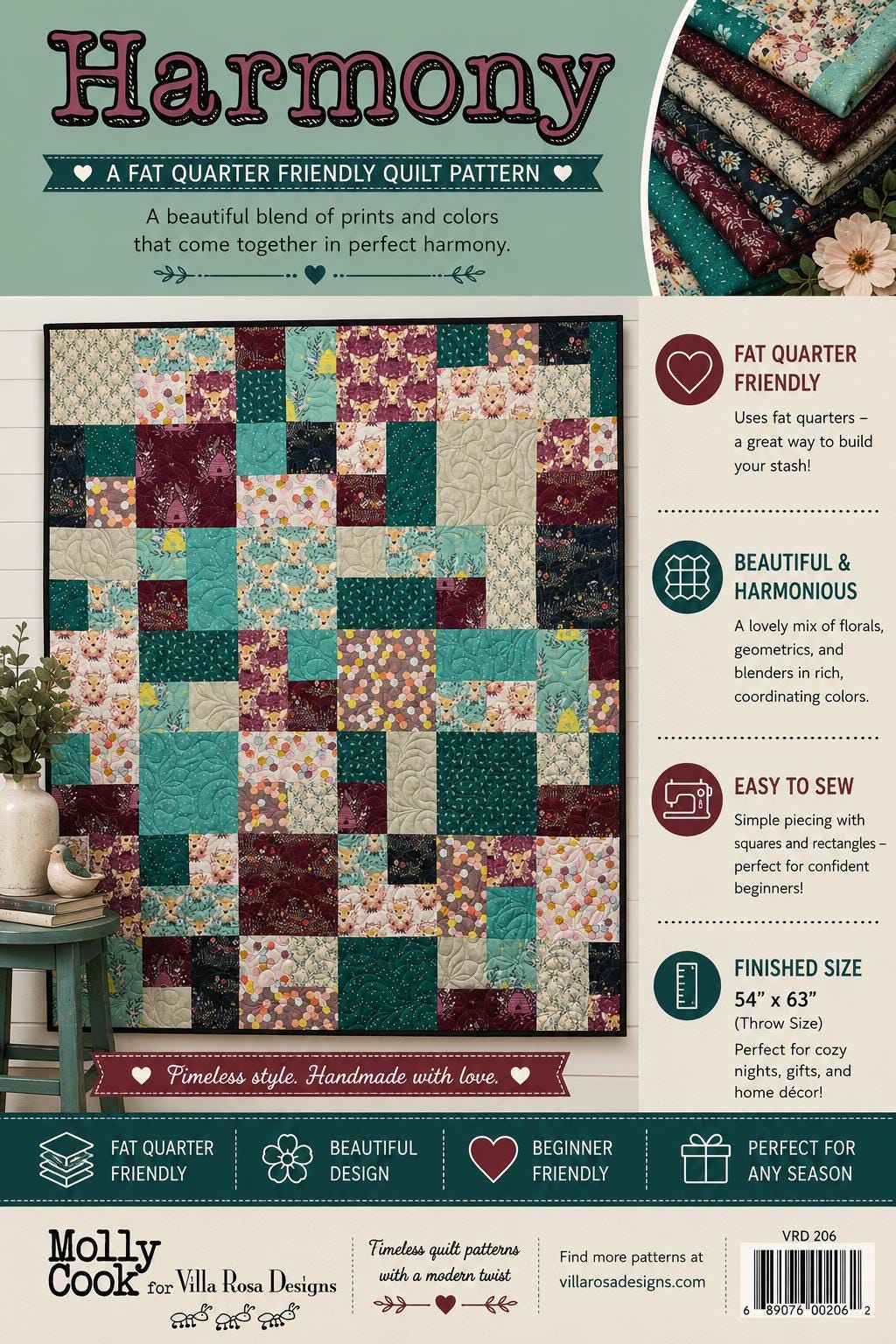 Harmony Quilt Pattern – Scrappy Fat Quarter Mosaic, Villa Rosa Designs