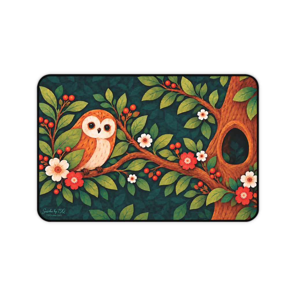 Whimsical owl desk mat with blossom branch artwork by Sascha by TSQ — view 1
