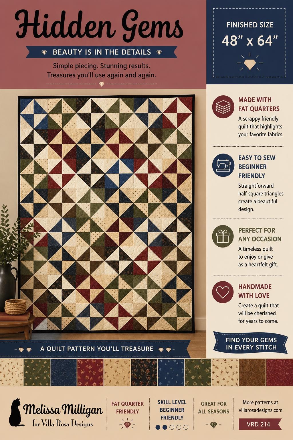 Hidden Gems Quilt Pattern – Half Square Triangle Geometric Design by Melissa Milligan