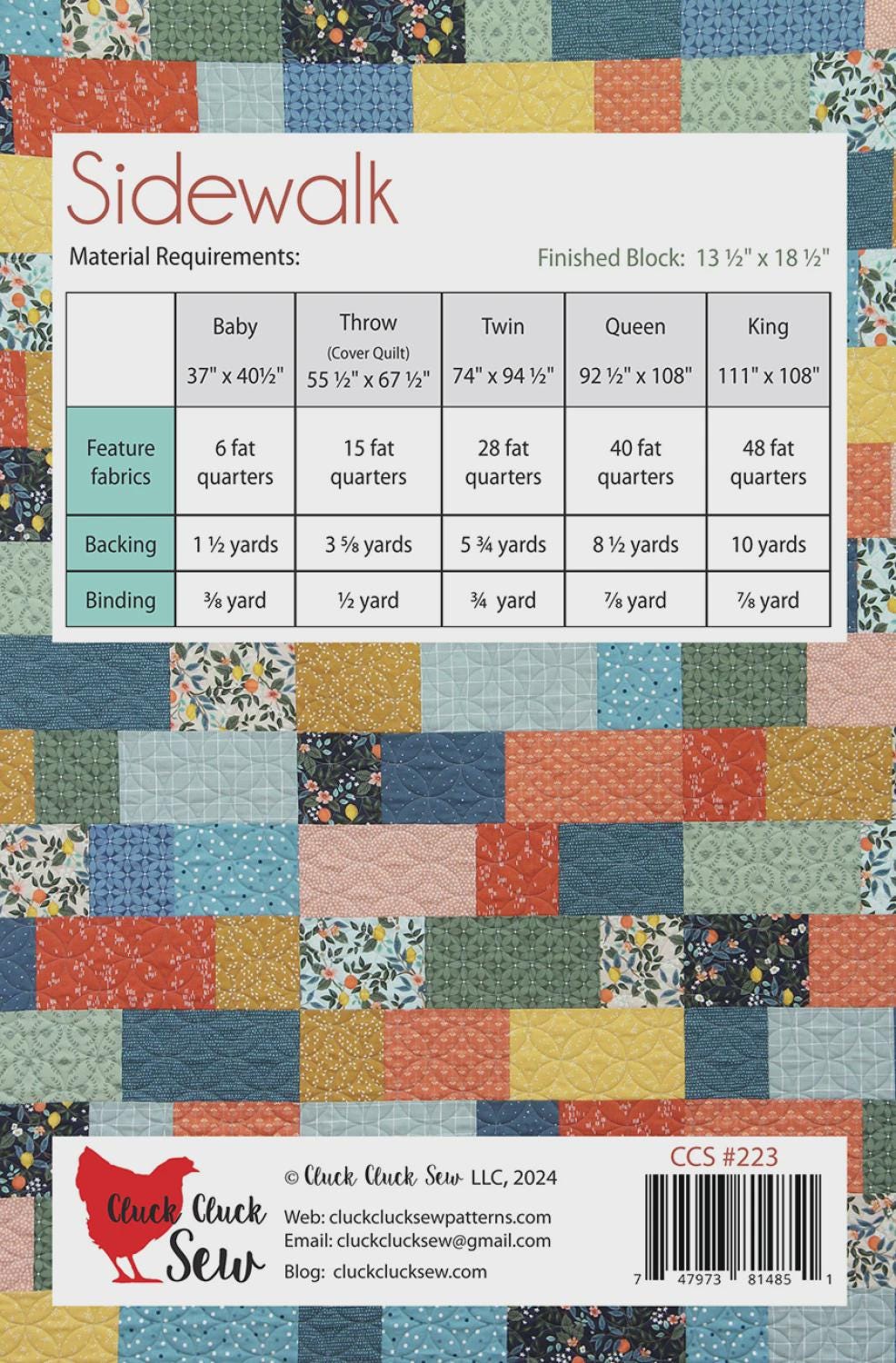 Cluck Cluck Sew - Sidewalk Quilt Pattern - Fat Quarter friendly in 5 sizes