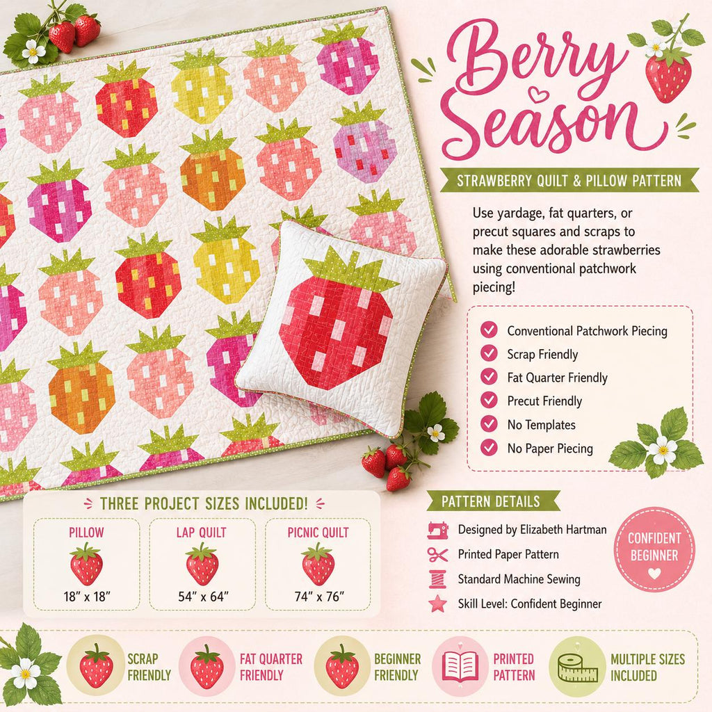 Berry Season Quilt Pattern – Strawberry Patchwork Piecing, Multiple Sizes (Printed Paper)