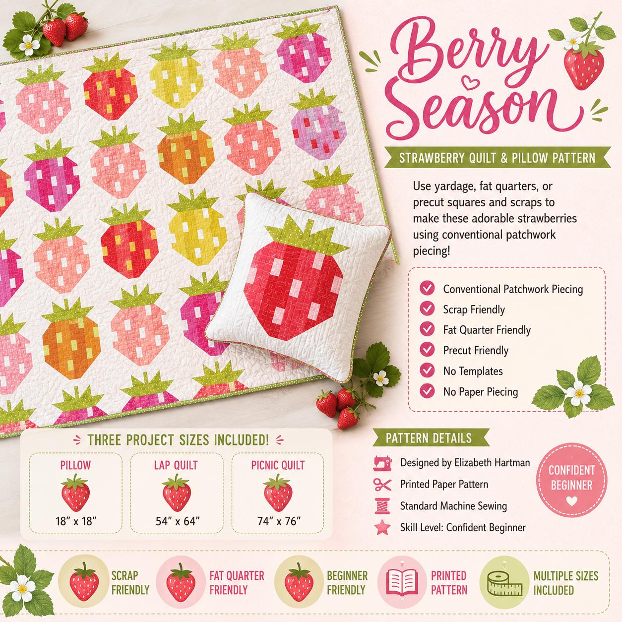 Berry Season Quilt Pattern – Strawberry Patchwork Piecing, Multiple Sizes (Printed Paper)