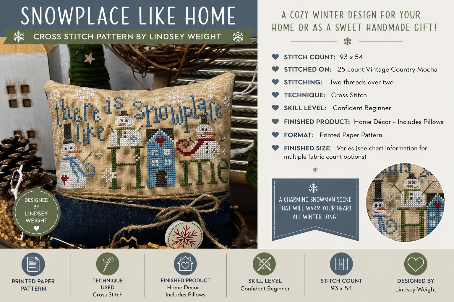 Snowplace like Home Cross Stitch Pattern | Primrose Cottage Stitches | Printed Paper Chart | Winter Sampler | Confident Beginner (Copy)