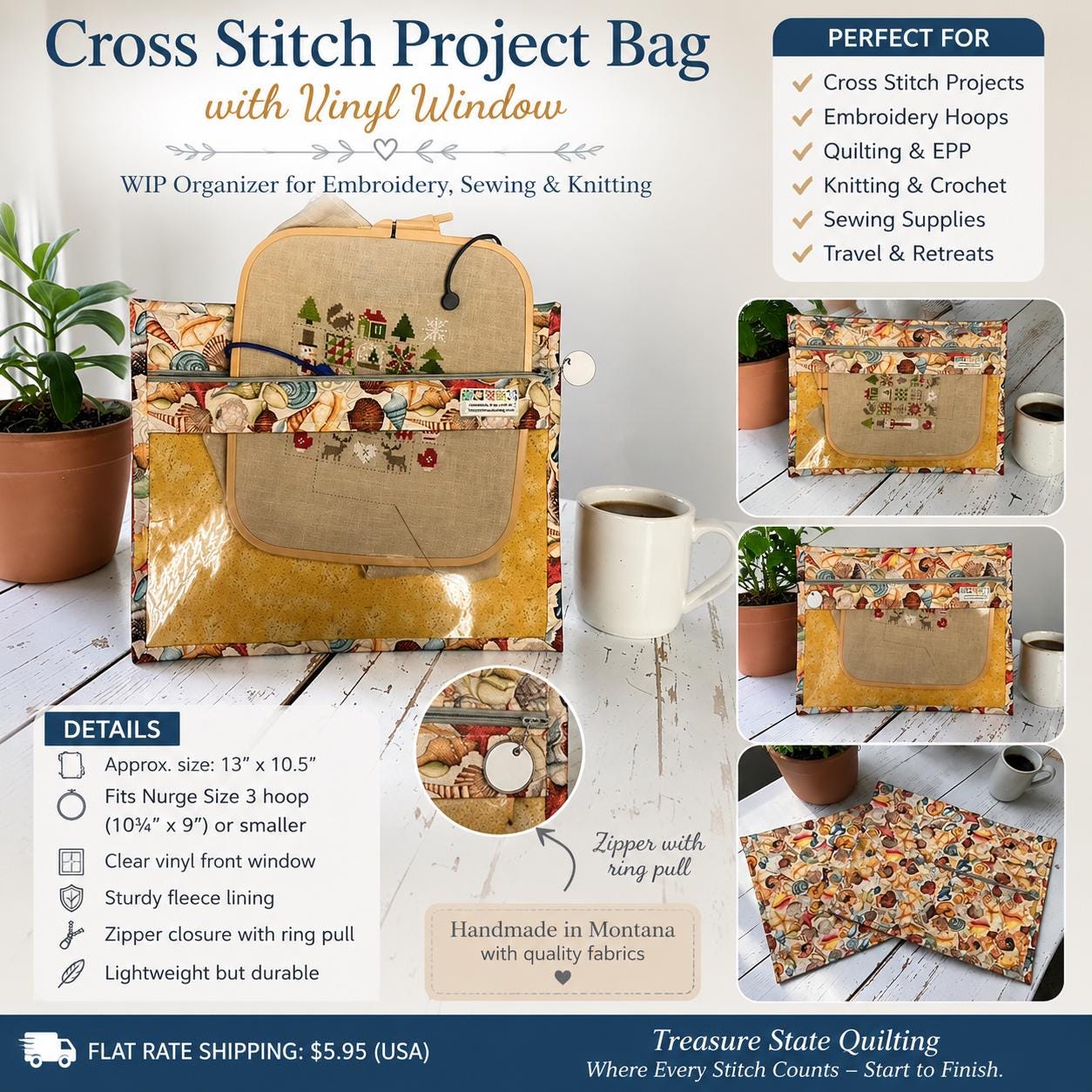 Cross Stitch Project Bag - Ocean Shells - Standard size