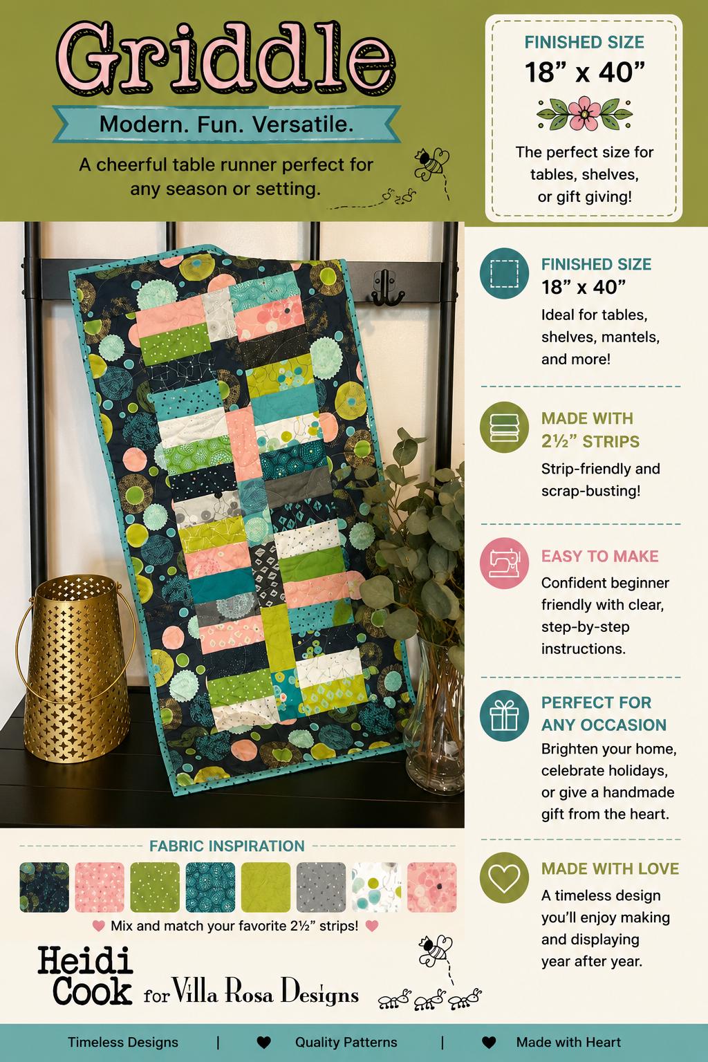Griddle Quilt Pattern - Modern Scrappy Table Runner Quilt - Villa Rosa Designs