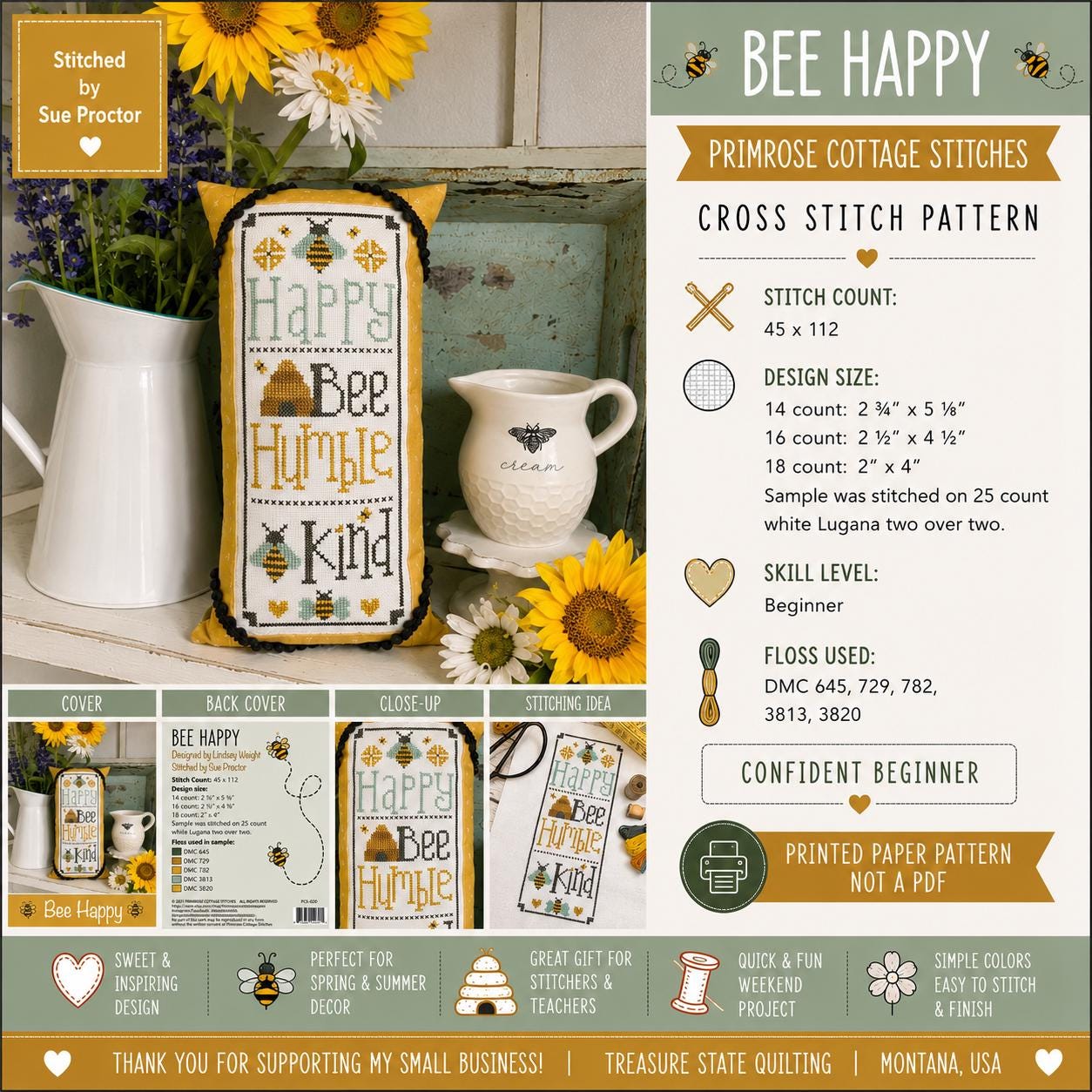 Bee Happy Cross Stitch Pattern | Primrose Cottage Stitches | Printed Paper Chart | Bee Sampler | Beginner Cross Stitch Pattern