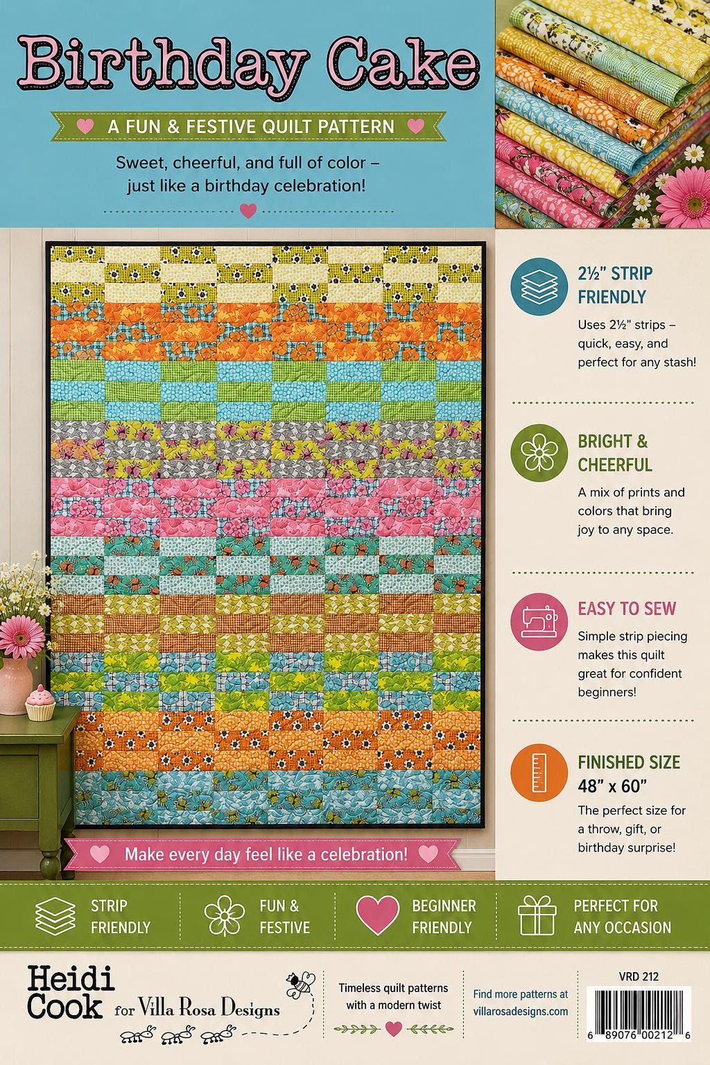 Birthday Cake Quilt Pattern - Scrap Colorful Quilt - Villa Rosa Designs - easy beginner