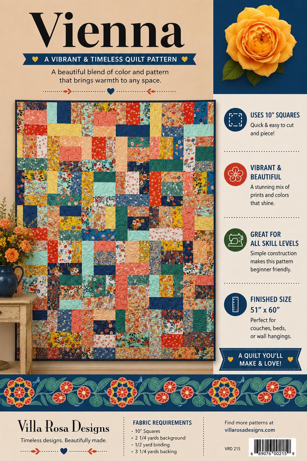 Vienna Quilt Pattern - Scrappy Patchwork Quilt - Villa Rosa Designs - easy beginner