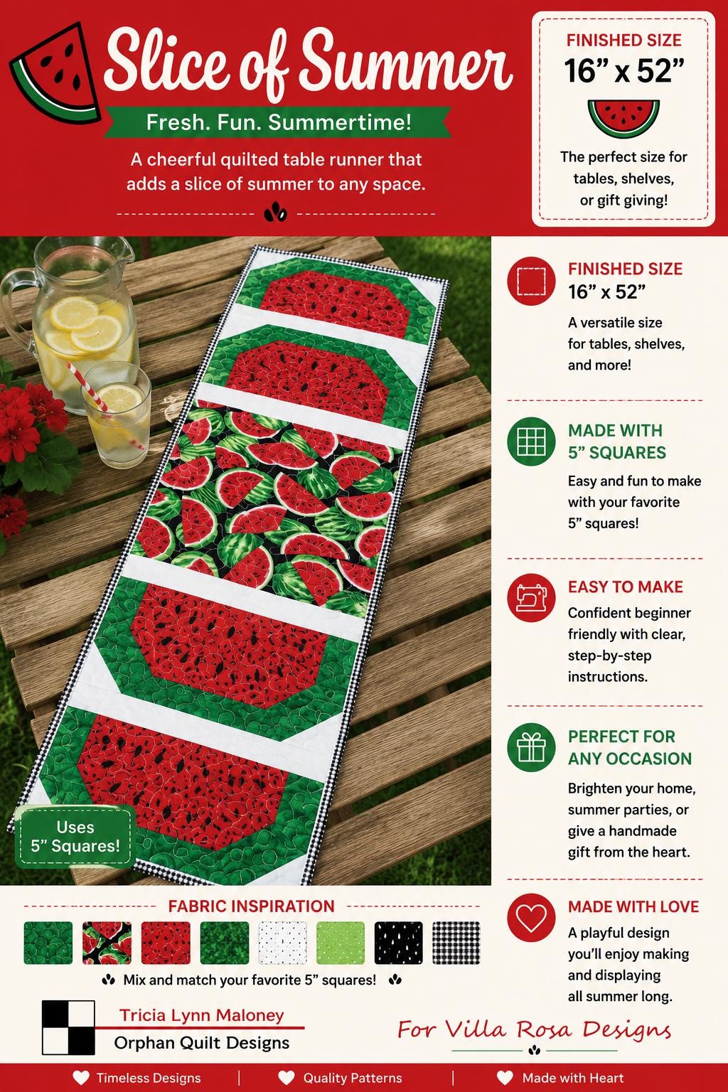 Watermelon Quilt Pattern – Slice of Summer Table Runner, Villa Rosa Designs